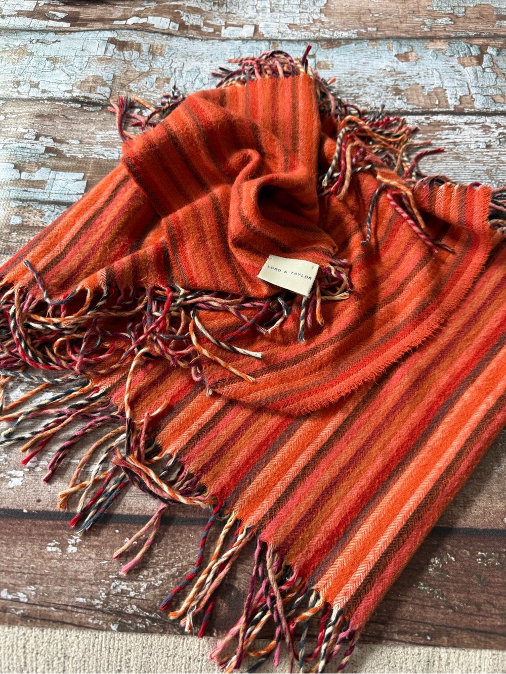 Lord & Taylor Orange Striped Fringe Soft Wool Scarf 🧣 66x13